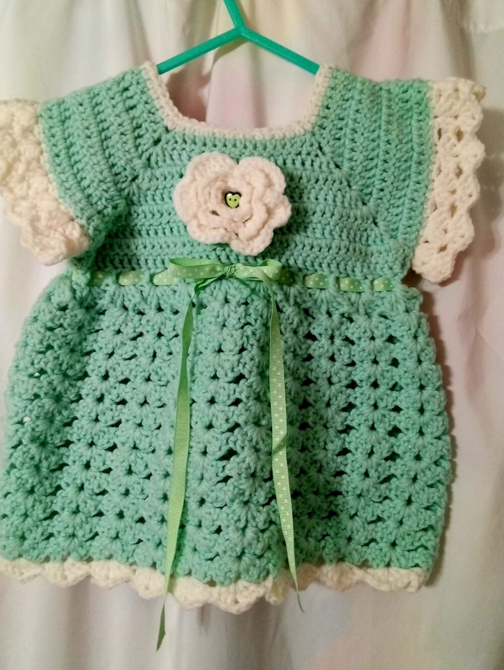 Handmade Crochet Dress Cap Sleeve Toddler Baby Green Flower Flower Girl Wedding